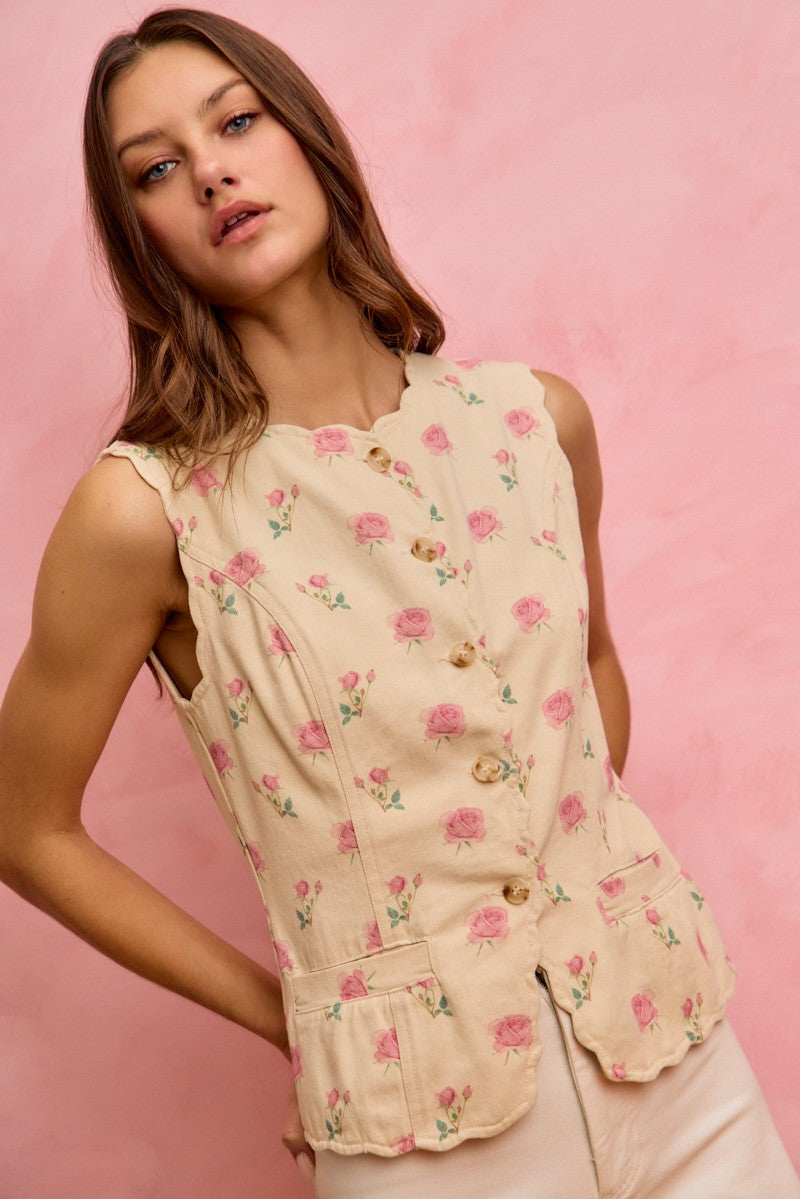 SO ME Floral Vest Top Cotton Sleeveless Round Neck Buttoned Scallop Pocketed