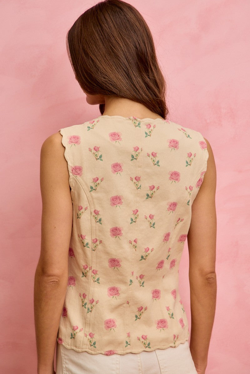 SO ME Floral Vest Top Cotton Sleeveless Round Neck Buttoned Scallop Pocketed
