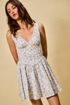 SO ME Blue Floral Mini Dress Cotton V-Neck Lace Trim Ruffle Sleeveless Summer