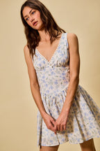 SO ME Blue Floral Mini Dress Cotton V-Neck Lace Trim Ruffle Sleeveless Summer