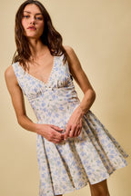 SO ME Blue Floral Mini Dress Cotton V-Neck Lace Trim Ruffle Sleeveless Summer