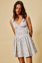 SO ME Blue Floral Mini Dress Cotton V-Neck Lace Trim Ruffle Sleeveless Summer