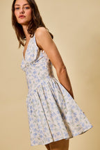 SO ME Blue Floral Mini Dress Cotton V-Neck Lace Trim Ruffle Sleeveless Summer