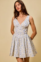 SO ME Blue Floral Mini Dress Cotton V-Neck Lace Trim Ruffle Sleeveless Summer