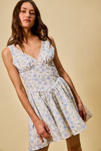 SO ME Blue Floral Mini Dress Cotton V-Neck Lace Trim Ruffle Sleeveless Summer