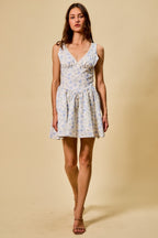 SO ME Blue Floral Mini Dress Cotton V-Neck Lace Trim Ruffle Sleeveless Summer