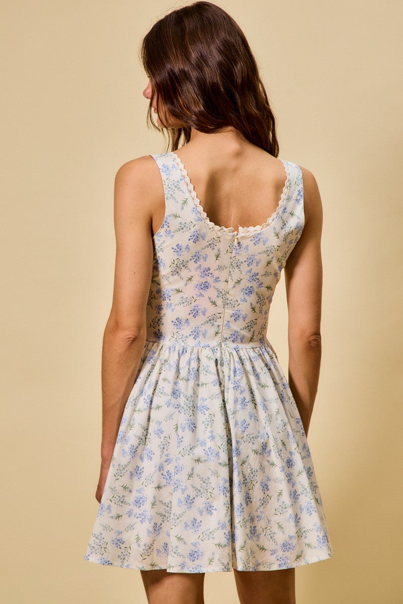SO ME Blue Floral Mini Dress Cotton V-Neck Lace Trim Ruffle Sleeveless Summer