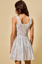 SO ME Blue Floral Mini Dress Cotton V-Neck Lace Trim Ruffle Sleeveless Summer
