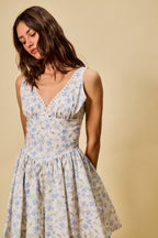 SO ME Blue Floral Mini Dress Cotton V-Neck Lace Trim Ruffle Sleeveless Summer
