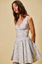 SO ME Blue Floral Mini Dress Cotton V-Neck Lace Trim Ruffle Sleeveless Summer
