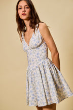 SO ME Blue Floral Mini Dress Cotton V-Neck Lace Trim Ruffle Sleeveless Summer