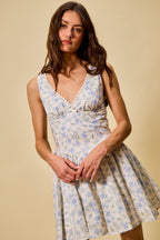 SO ME Blue Floral Mini Dress Cotton V-Neck Lace Trim Ruffle Sleeveless Summer