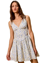 SO ME Blue Floral Mini Dress Cotton V-Neck Lace Trim Ruffle Sleeveless Summer