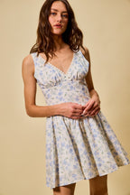 SO ME Blue Floral Mini Dress Cotton V-Neck Lace Trim Ruffle Sleeveless Summer