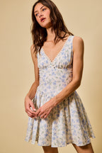 SO ME Blue Floral Mini Dress Cotton V-Neck Lace Trim Ruffle Sleeveless Summer