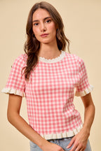 SO ME Knit Top Checkered Pink Gingham Ruffled Short Sleeves Casual Blouse