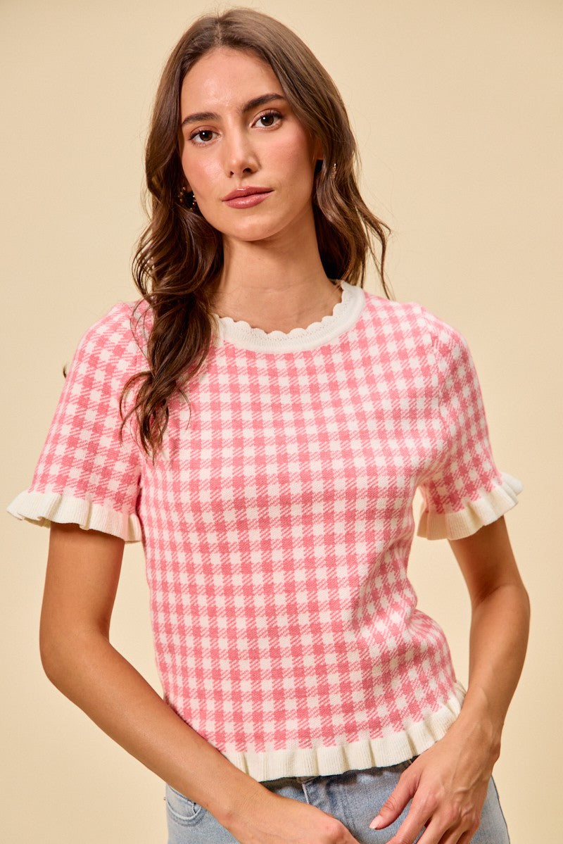 SO ME Knit Top Checkered Pink Gingham Ruffled Short Sleeves Casual Blouse