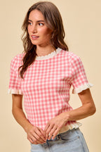 SO ME Knit Top Checkered Pink Gingham Ruffled Short Sleeves Casual Blouse