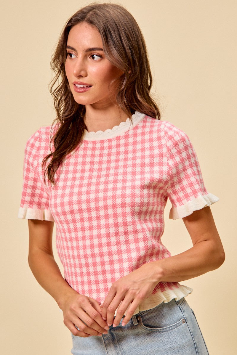 SO ME Knit Top Checkered Pink Gingham Ruffled Short Sleeves Casual Blouse