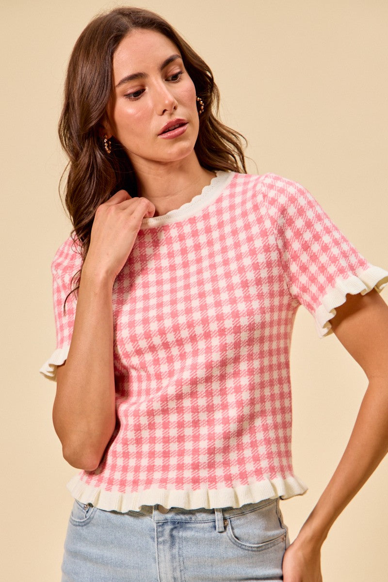 SO ME Knit Top Checkered Pink Gingham Ruffled Short Sleeves Casual Blouse
