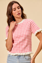 SO ME Knit Top Checkered Pink Gingham Ruffled Short Sleeves Casual Blouse