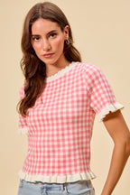 SO ME Knit Top Checkered Pink Gingham Ruffled Short Sleeves Casual Blouse