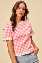 SO ME Knit Top Checkered Pink Gingham Ruffled Short Sleeves Casual Blouse