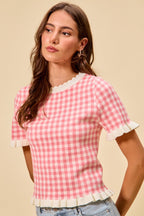 SO ME Knit Top Checkered Pink Gingham Ruffled Short Sleeves Casual Blouse