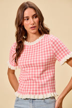 SO ME Knit Top Checkered Pink Gingham Ruffled Short Sleeves Casual Blouse