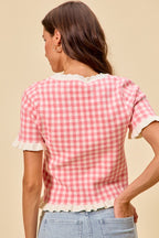 SO ME Knit Top Checkered Pink Gingham Ruffled Short Sleeves Casual Blouse
