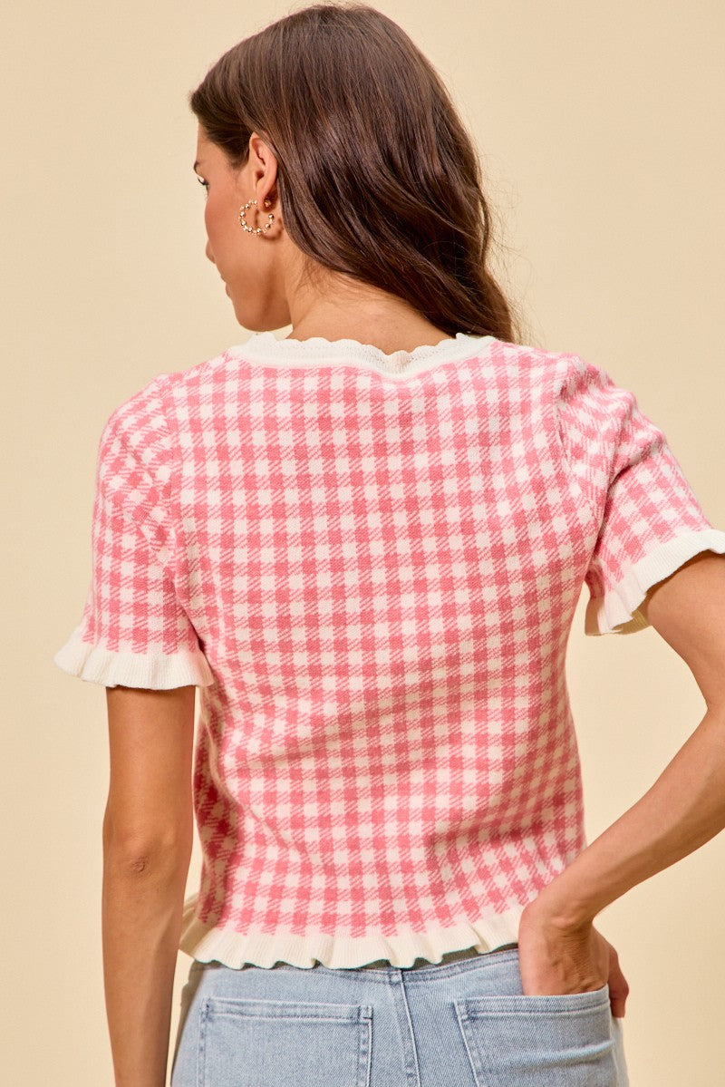 SO ME Knit Top Checkered Pink Gingham Ruffled Short Sleeves Casual Blouse