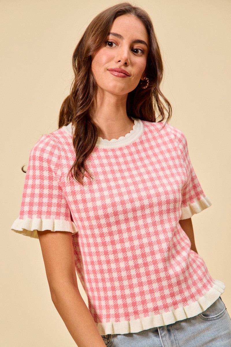 SO ME Knit Top Checkered Pink Gingham Ruffled Short Sleeves Casual Blouse