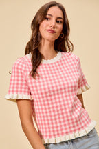 SO ME Knit Top Checkered Pink Gingham Ruffled Short Sleeves Casual Blouse