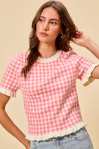 SO ME Knit Top Checkered Pink Gingham Ruffled Short Sleeves Casual Blouse
