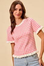 SO ME Knit Top Checkered Pink Gingham Ruffled Short Sleeves Casual Blouse