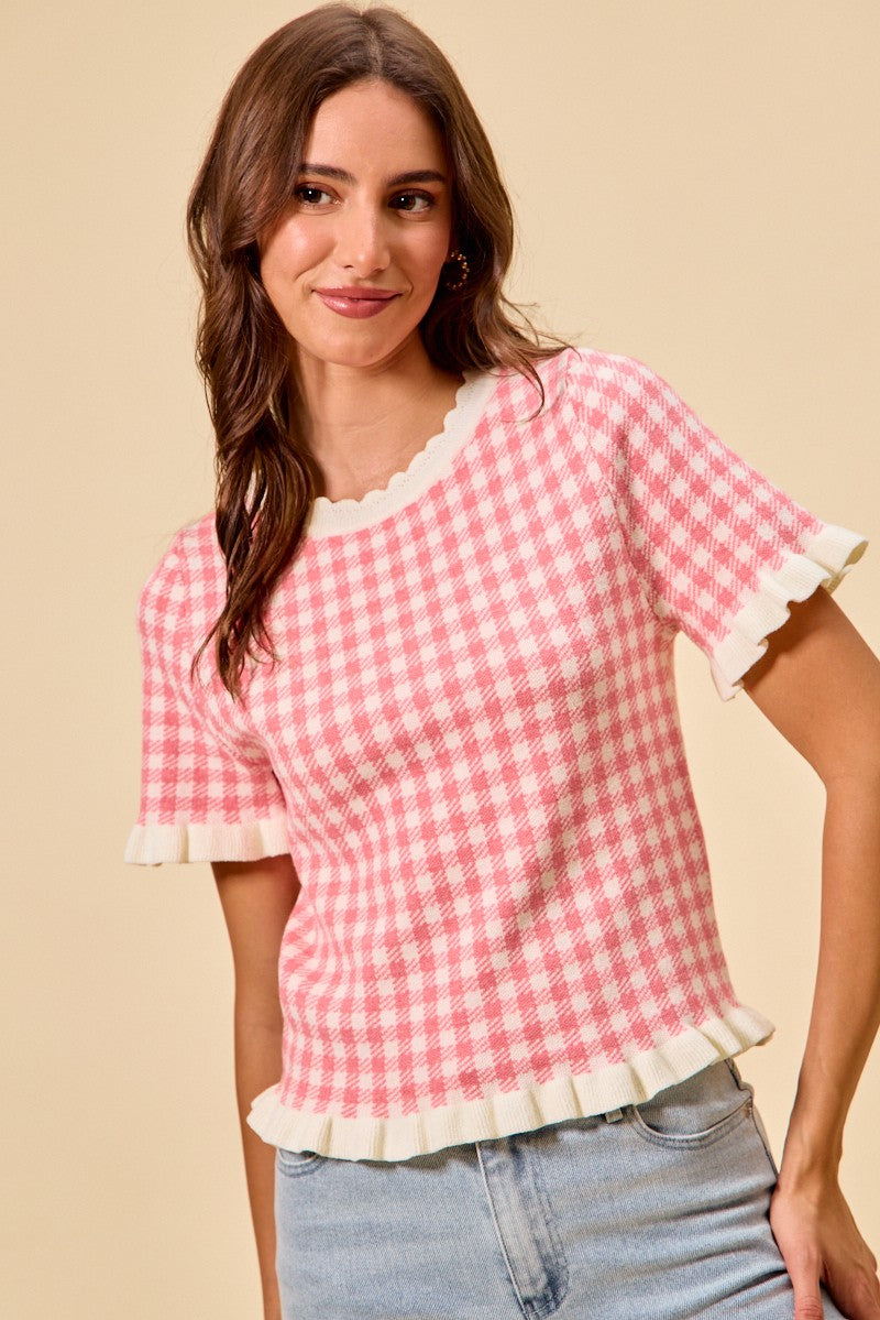 SO ME Knit Top Checkered Pink Gingham Ruffled Short Sleeves Casual Blouse
