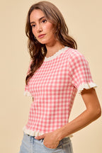 SO ME Knit Top Checkered Pink Gingham Ruffled Short Sleeves Casual Blouse