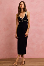 SO ME Cotton Knit Midi Dress Black V-Neck Trim Sleeveless Bodycon Slim