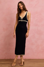 SO ME Cotton Knit Midi Dress Black V-Neck Trim Sleeveless Bodycon Slim