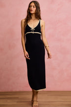 SO ME Cotton Knit Midi Dress Black V-Neck Trim Sleeveless Bodycon Slim