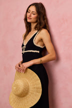 SO ME Cotton Knit Midi Dress Black V-Neck Trim Sleeveless Bodycon Slim