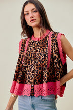SO ME Ärmellose Bluse Leopardenmuster Rosa Blumenmuster Spitzensaum Knopfleiste Falten-Top