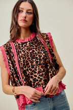 SO ME Ärmellose Bluse Leopardenmuster Rosa Blumenmuster Spitzensaum Knopfleiste Falten-Top