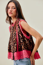 SO ME Ärmellose Bluse Leopardenmuster Rosa Blumenmuster Spitzensaum Knopfleiste Falten-Top