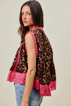 SO ME Ärmellose Bluse Leopardenmuster Rosa Blumenmuster Spitzensaum Knopfleiste Falten-Top