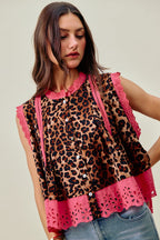 SO ME Ärmellose Bluse Leopardenmuster Rosa Blumenmuster Spitzensaum Knopfleiste Falten-Top