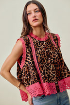 SO ME Ärmellose Bluse Leopardenmuster Rosa Blumenmuster Spitzensaum Knopfleiste Falten-Top