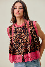 SO ME Ärmellose Bluse Leopardenmuster Rosa Blumenmuster Spitzensaum Knopfleiste Falten-Top