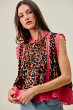 SO ME Ärmellose Bluse Leopardenmuster Rosa Blumenmuster Spitzensaum Knopfleiste Falten-Top