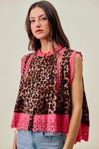 SO ME Ärmellose Bluse Leopardenmuster Rosa Blumenmuster Spitzensaum Knopfleiste Falten-Top